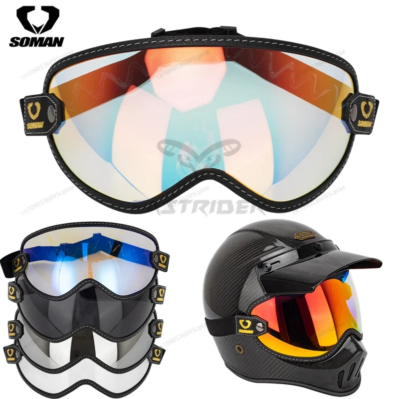 Vintage Open Face Retro Helmet - Gafas de Motocicleta Vintage SOMAN, Casco